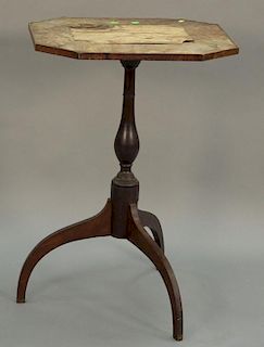 Federal mahogany tip candlestand with eight sided top having surround molding and inlaid top set on slender turned shaft endi