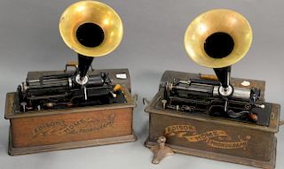 Two Thomas Edison Home cylinder phonographs, both with 13 1/2inch horns. ht. 11 1/2in., wd. 18in., dp. 9in.