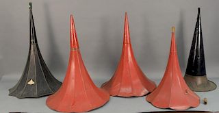 Five Edison phonograph horns. 26 1/2in. to 35in.