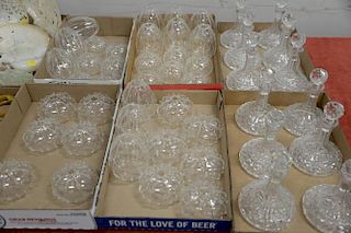 Set of twelve Waterford style crystal decanters with thirty-six crystal sea urchin oil lamps in three sizes (12 of each).