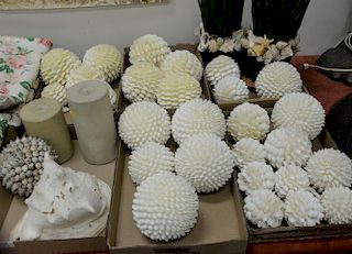 Six box lots of beach and seashell decorative items to include seashell balls, candle conch shell, etc.