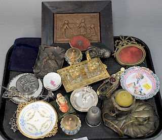 Tray lot to include bronze enameled inkwell, copper embossed plaque, French porcelain, bronze mounted dish, etc.