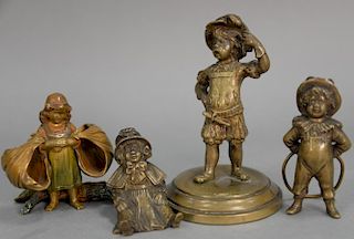 Four small bronzes including two miniature bronze circus boy, small girl sitting, and a cold painted bronze of a young peasan