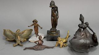 Group of six bronze women including erotic ballerina, art nouveau butterfly dish, nude standing figure, Victorian girl marked