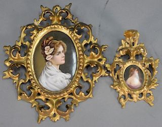 Two hand painted porcelain plaques bust of woman in rococo gilt frames. 9" x 8 & 3 1/4" x 4 1/4"