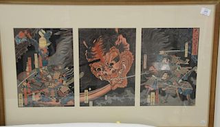 Japanese woodblock triptych with warrior on either side of a dragon bust. 21" x 35"