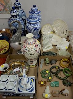 Group lot  with reproduction porcelain, two pair of covered vases, tea set, several vases, three plates, and 19 stone and jad