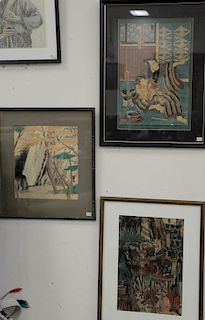 Group of seven Japanese woodblocks and etchings including two landscapes, three warrior figures, two pencil signed lower left