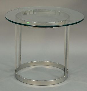 Two piece lot to include Milo Baughman style table. ht. 28 1/2 in., dia. 26in. and modern chrome and glass plinthe. ht. 34in.