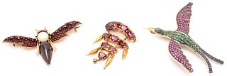 3 Precious Metal & Gemstone Brooches, incl. Insect