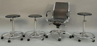 Four piece lot to include three adjustable height stools and a Sitland swivel office chair.