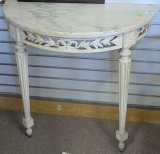 Pair of Louis XVI style demilune half round tables with marble tops. ht. 29in., wd. 31in., dp. 16in.
