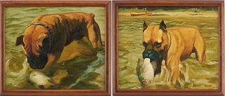 Pair Oil Paintings of a Fishing Dog, signed Blum