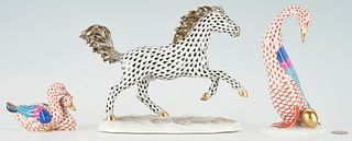 3 Herend Porcelain Animal Figurines incl. Horse, Goose & Duck