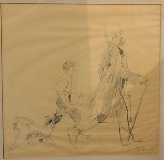 Bernard Fuchs (1932-2009) 
pencil sketch 
Boy with Dog Following a Man 
signed lower right: B. Fuchs 
sight size 12 1/2" x 13