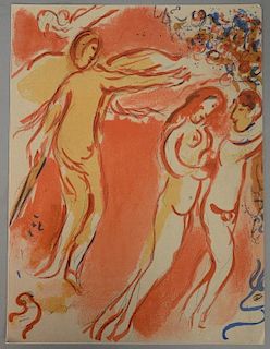 Marc Chagall lithograph "Adam & Eve are Banished from Paradise" having Ferdinand Roten Galleries label, 14" x 10 1/4".