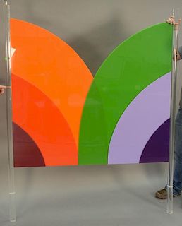 Three piece lot to include a contemporary acrylic headboard with rainbow colors and a pair of shelves with brace to hang on w