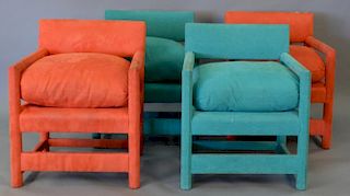 Set of four retro armchairs, two with orange upholstery and two with teal upholstery (worn).