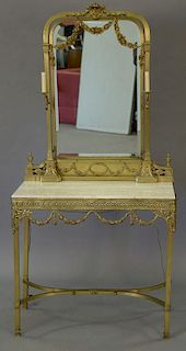 Victorian brass vanity and mirror with candle sconces and marble top. ht. 32in., wd. 36in., dp. 18in., total ht. 73in.