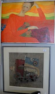 Two framed collages including Sylvia Fox modern collage of woman in a red dress signed lower left Sylvia Fox and Karl Mann (b