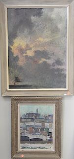 Five piece lot to include Abstract oil on board initialed lower right C.K.O., an oil on board city scene unsigned,