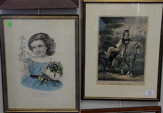 Seven Currier & Ives colored lithographs including "Kiss me Quick", "The First Ride", "The Pride of America", "The Soldier's 