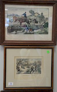 Five Currier and Ives small folio colored lithographs including "A Fast Team - Taking a Smash", "Christmas Snow", "Harvesting