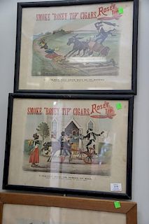Eleven piece lot to include broadside reproduction of Sale of Farming, two oak framed poker prints, and set of eight rare com