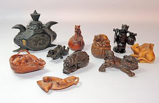 Grouping of Wood Carved Netsukes and Snuff Bottle