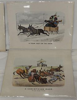 Set of five rare comical cartoon Currier & Ives colored lithographs including "A Team Fast on the Snow", "A Black Squall", "A