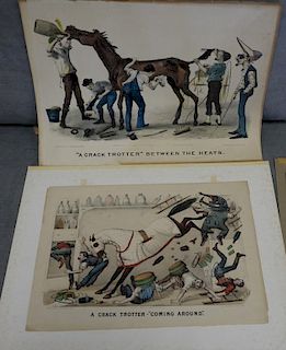 Set of five rare comical cartoon Currier & Ives colored lithograph hunting and sporting scenes including "A Crack Trotter-Com