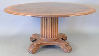 Custom mahogany round pedestal table with banded inlaid top and one extra leaf. ht. 30in., dia. 63in.