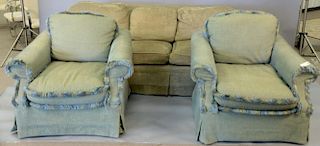 Three piece lot to include pair of custom upholstered armchairs and custom upholstered sofa. lg. 80in.