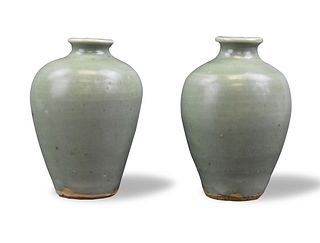 Pair Chinese Longquan Celadon Vase, Yuan Dynasty