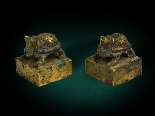 Pair Chinese Gilt Bronze Turtle Seal, Han Dynasty