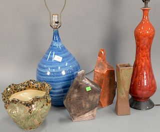 Six glazed Mid-Century pottery pieces including red glazed vase made into a lamp, blue glazed vase made into a lamp, red glaz