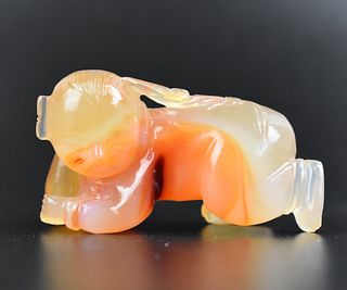 Chinese Agate Carved Crawling Boy Figure,Qing D.