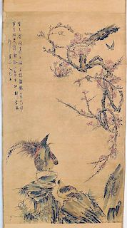 Ink and Color Scroll Painting of Birds and Tree
