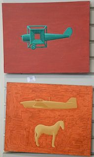 Set of four oil on canvas paintings by Manuel Saiz (b. 1961) including "Avion Verde", "Loire-Nieuport 1987", "Avion Ocre Con 