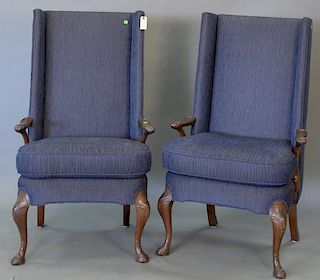 Pair of Queen Anne style upholstered armchairs. total ht. 49in., seat ht. 22in.