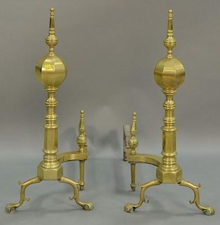 Pair of tall brass steeple top andirons with log stops, 20t century. ht. 29in.