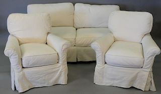 Three piece set including sofa and two chairs, all with custom slipcovers. lg. 75in.