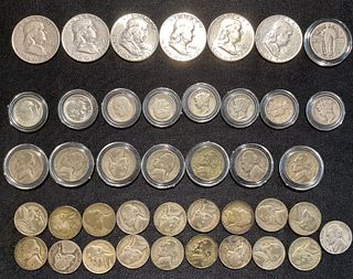 Group of 41 Mixed US Silver Coins Franklins Standing Liberty Mercury Roosevelts Silver Nickels