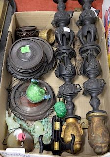 Tray lot of Asian to include a pair of bronze vases with head handles, group of hardwood stands, two hardstone animals, hards