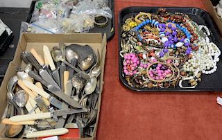 Three tray lots to include costume jewelry and silverplate flatware.