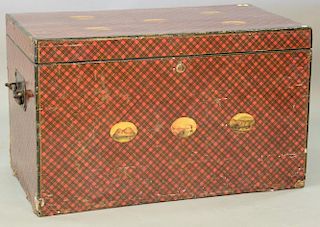 Tartanware lift top chest with large iron handles and butterscotch outside, signed Stuart, 19th century. ht. 23in., wd. 38in