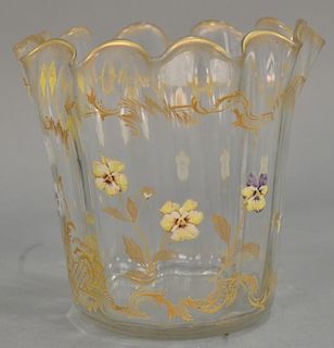 Crystal enameled vase with ruffled top. ht. 8 3/4in.