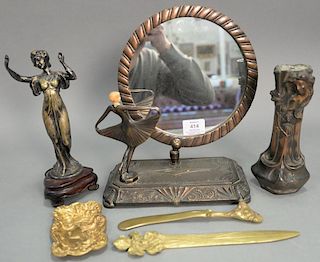 Six art nouveau pieces including two heavy brass art nouveau letter opensrs, art nouveau vase, vanity mirror with dancing wom
