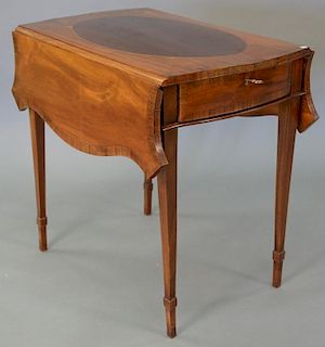 Custom mahogany inlaid pembroke drop leaf table. ht. 28 1/2 in., closed: 19 1/2" x 29 3/4"
