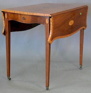 Custom mahogany inlaid pembroke drop leaf table with drawer. ht. 28in., wd. 21 1/2 in., dp. 20in.